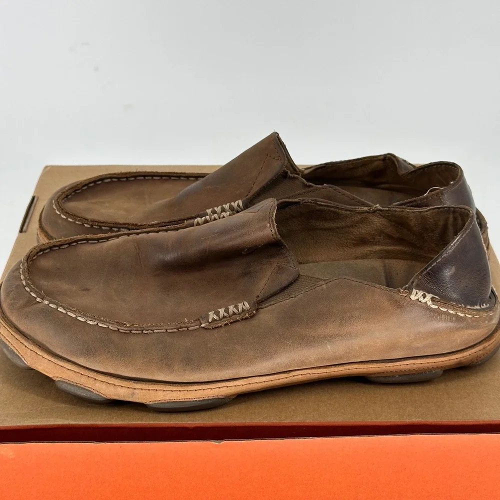 Olukai Molokai Brown Leather Slip On Casual Slipper Shoes Comfort Loafers 10